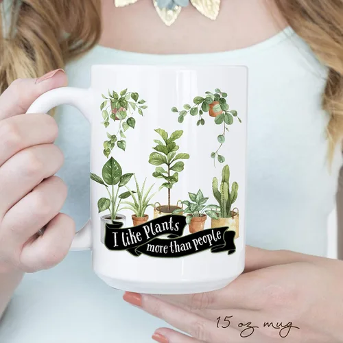 Vista 4 de Taza de café de cerámica con texto en inglés "I Like Plants More Than People", de 11 o 15 onzas
