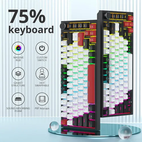 Vista 5 de Guffercty kred Teclado mecánico 75% con perilla, junta con cable TKL para juegos, 75% intercambiable en caliente, programable para Windows portátil