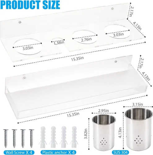 Vista 2 de Organizador de herramientas para el cabello, montaje en pared, juego de 2 soportes acrílicos para secador de pelo, organizadores de tocador de baño