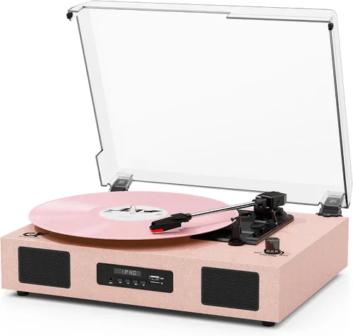 Vista 13 de Tocadiscos de vinilo Bluetooth con dos altavoces incorporados, grabación USB, transmisión por correa, 3 velocidades, tocadiscos para discos de Negro