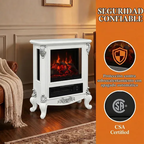 Vista 5 de Estufa de chimenea eléctrica con control remoto, calentador interior de Blanco antiguo