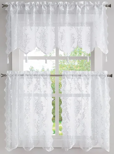 Vista 14 de LinenZone Cenefa de encaje transparente con 6 borlas y parte inferior festoneada para cocina, baño, comedor, sala de estar, dormitorio o sótano.