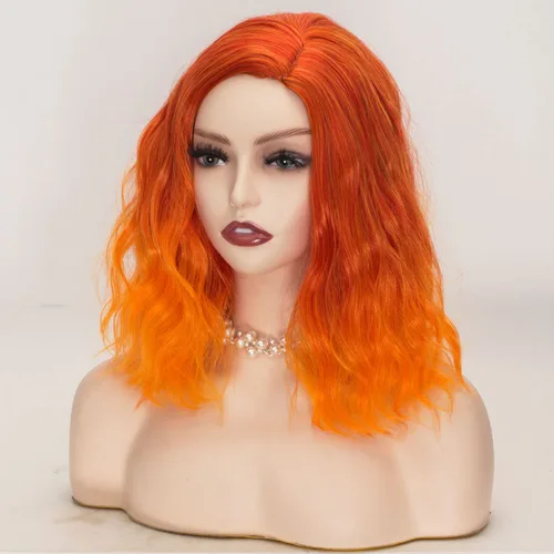 Vista 3 de Peluca de color naranja degradado para niñas, peluca corta y ondulada para mujer, disfraz de cosplay para Halloween (naranja degradado)