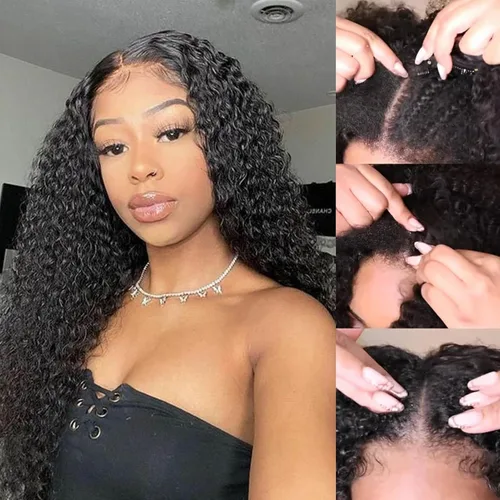 Vista 13 de Peluca de cabello humano rizado rizado con parte en V para mujeres negras, en forma de V, sin dejar fuera, sin pegamento, 14 pulgadas