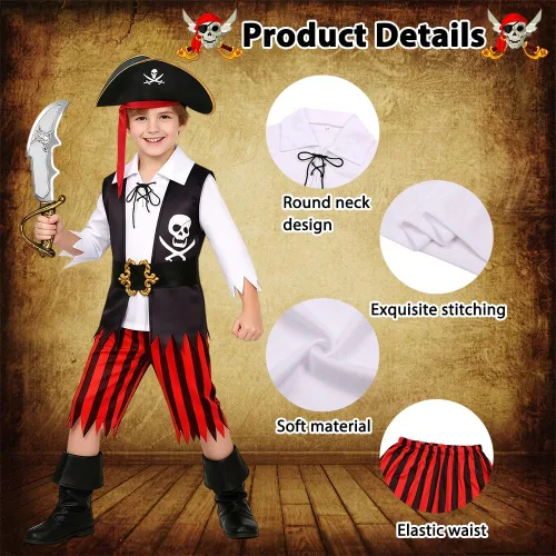 Vista 3 de Disfraz de pirata de Halloween para niños, disfraz de pirata con accesorios, regalos de fiesta de cumpleaños