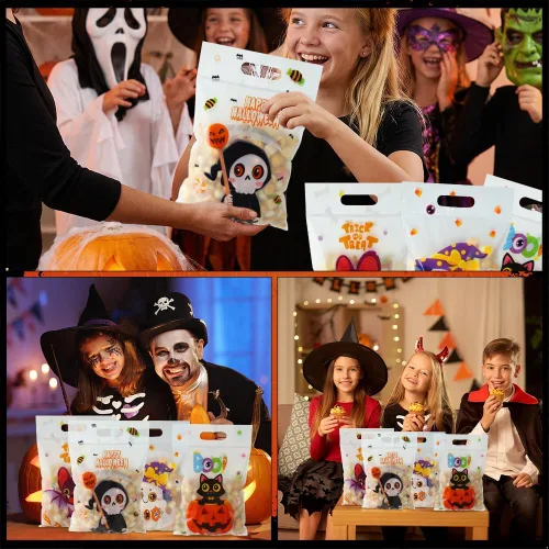Vista 7 de Bolsas de celofán de Halloween, 40 piezas de plástico para Halloween, dulces, galletas, aperitivos, bolsa de sellado de regalo, bolsa a granel