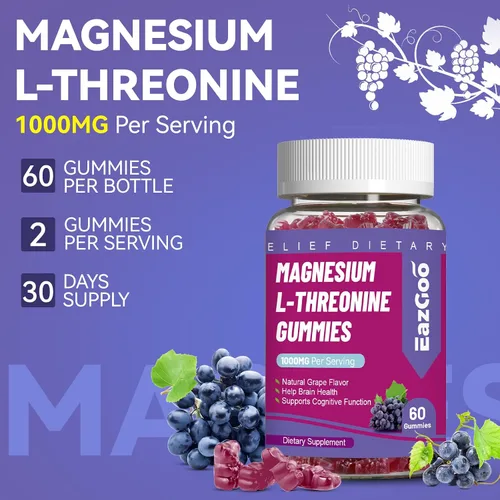 Vista 3 de Gomitas de treonina de magnesio de 1000 mg, gomitas de L-treonina para adultos, grandes suplementos de magnesio para el cerebro, sin OMG, sin