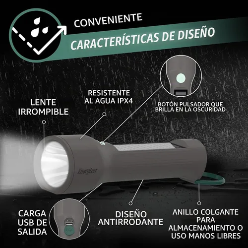 Vista 5 de Energizer S-600 Linterna LED recargable con opciones de alimentación de batería solar y AA, linternas superbrillantes IPX4 resistentes al agua
