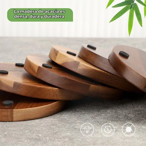 Vista 2 de WLWNWFT Posavasos de Corcho de Madera para Bebidas Absorbentes con Soporte, WLWNWFT Juego de Posavasos de Madera de Acacia Rústicos de Granja
