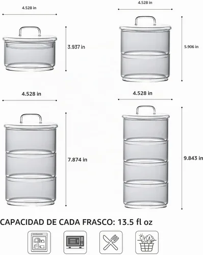 Vista 2 de Tarros de almacenamiento de vidrio con tapas, contenedores apilables de varios niveles, recipientes de alimentos para cocina, dulces, tarros