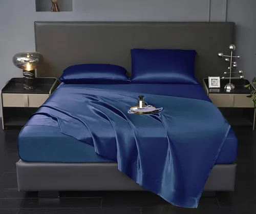 Vista 23 de Revdomfly Juego de 4 Piezas de Sábanas de Satén Azul Bebé de Tamaño Completo, Lujosas y Suaves como Seda, 1 Sábana Bajera Premium que Absorbe