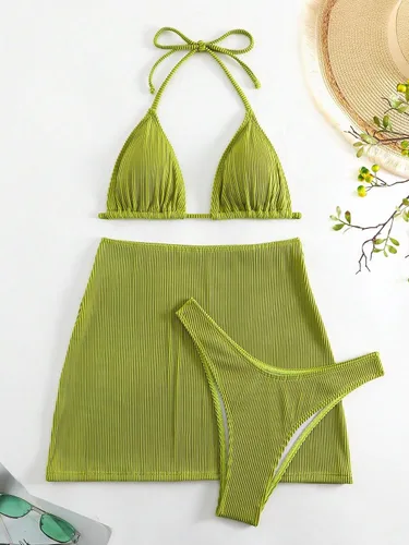 Vista 6 de COZYEASE Conjunto de bikini de 3 piezas para mujer, traje de baño triangular a rayas con falda de playa