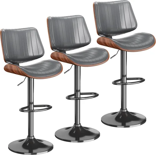 Vista 19 de Juego de 1 taburetes de bar giratorios de madera curvada ajustables para encimera de cocina, moderna silla de bar tapizada de piel sintética