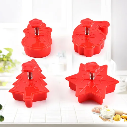 Vista 6 de Juego de 4 moldes de galletas navideñas, cortadores de galletas de Navidad para hornear, cortador de émbolo de pastel de galletas 3D