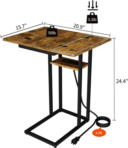 Vista 2 de karlott Mesa auxiliar plegable resistente con patas de carga de una pieza, sin montaje, mesa auxiliar en forma de C con estación de carga, mesa