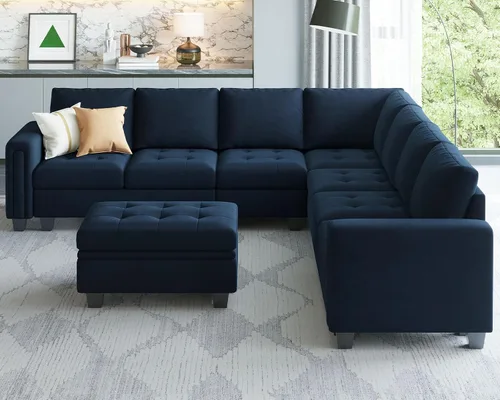 Vista 3 de Belffin Sofá modular de terciopelo convertible con diván reversible en forma de L, sofá modular con almacenamiento otomano para sala de estar, sofá