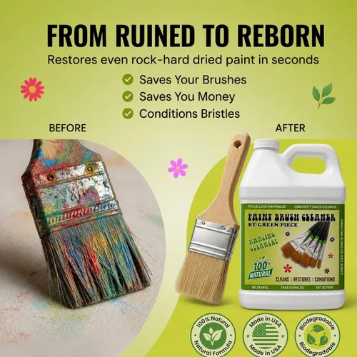 Vista 2 de Green Piece® Paint Brush Cleaner & Restorer – 100% Natural, Non-Toxic Formula – Made in USA – Cleans Wet or Dry Paint – Safe for Hands – Works on