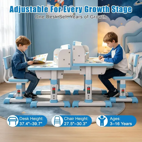 Vista 3 de HEVIRGO Kids Desk and Chair Set – Height Adjustable Blue Study Table Blue-b