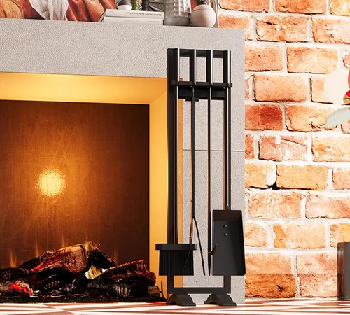 Vista 5 de Fire Beauty Juego de herramientas para chimenea, 5 piezas, accesorios para fuego, soporte para estufas de leña, mango de hierro forjado, soporte