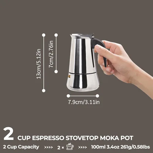 Vista 2 de Olla de Moka de 2 Tazas 100ml, Cafetera de Espresso de Acero Inoxidable, Cafetera de Percolador para Estufa, Cafetera Italiana de Estilo Clásico