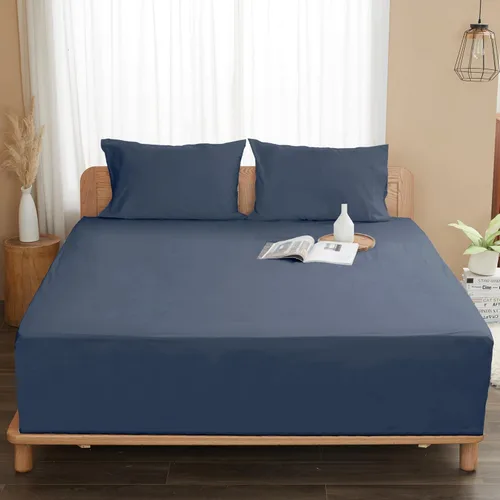 Vista 8 de Sunflower Sábana Bajera Ajustable Individual, Sábana Bajera Ajustable de 1 Pieza con Bolsillo Profundo de 15", 100% Algodón Satén Suave Azul Indigo