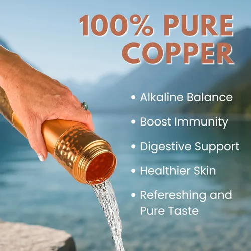 Vista 4 de Botella de agua de cobre puro para agua potable con pajita y tapa deportiva 33.5oz / 950ml Botella de cobre ayurvédica para beneficios de salud