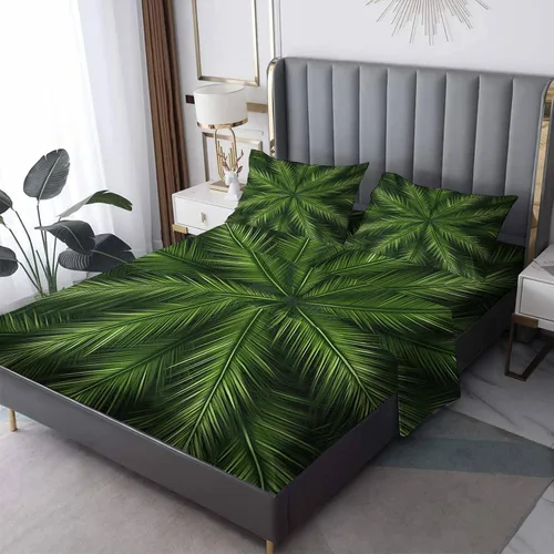 Vista 8 de Juego de sábanas de 3 piezas con diseño de palmera de neón con plantas tropicales, sábanas y fundas de almohada estampadas, sábana bajera ajustable