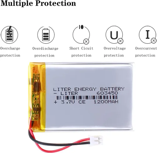 Vista 4 de Liter 3.7V 1200mAh 603450 batería recargable de iones de polímero de litio con conector JST 0.079 in