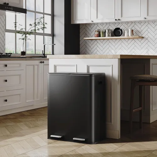 Vista 2 de WLIVE Bote de basura doble de acero inoxidable de 2 x 8 galones, cubo de basura doble para cocina con tapa de cierre suave, combo de basura