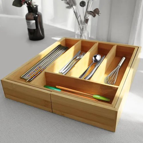 Vista 5 de Organizador de cajones de bambú, bandeja expandible para cubiertos, soporte ajustable para utensilios de 5 a 7 compartimentos, organizador de Madera