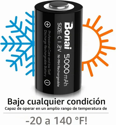 Vista 7 de BONAI Baterías C recargables, células C 5000mAh 1.2V Ni-MH de alta capacidad de tamaño C (paquete de 4)