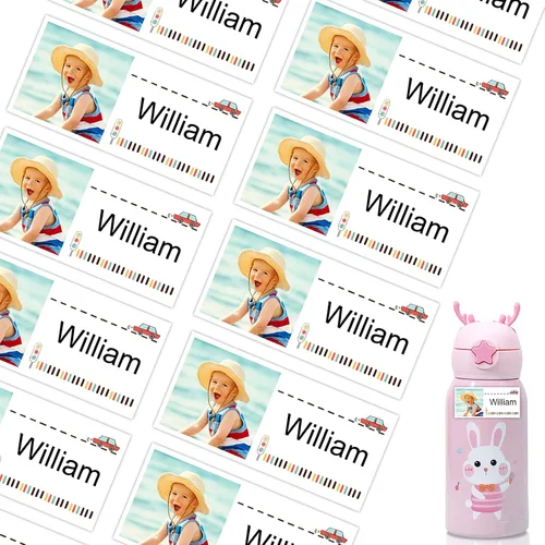 Vista 15 de 78 etiquetas personalizadas para niños con fotos impermeables, etiquetas de nombre personalizadas para suministros escolares, guardería, botellas