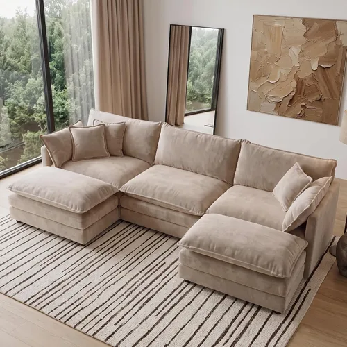 Vista 63 de Sofá individual modular de chenilla con otomana, sofá nube con almohada, color beige