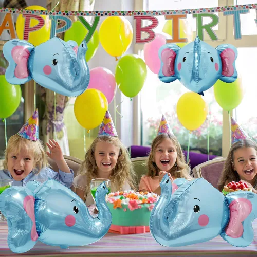 Vista 3 de Globo de elefante 4D, vida silvestre, selva, bosque, safari, suministros de fiesta de animales, paquete de 4 globos gigantes de cabeza de elefante