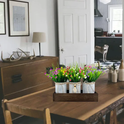 Vista 8 de CALAVAK Centro de mesa decorativo de madera con 3 macetas de metal artificiales para el aliento del bebé, plantas de gypsophila, decoración rústica