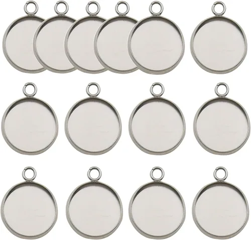 Vista 14 de 50 piezas ajustadas para bandejas colgantes de cabujón con bisel redondo en blanco de acero inoxidable de 10 mm para joyería (10161-10mm-50pcs)
