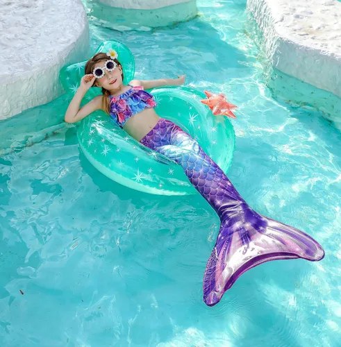 Vista 3 de DNFUN Colas de sirena para nadar para niñas, traje de baño de sirena con monoaleta