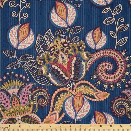 Vista 19 de Ambesonne The Yard, tela de cachemira de The Yard, diseño vintage de motivos botánicos orientales, flores, vibraciones psicodélicas, arte, tela