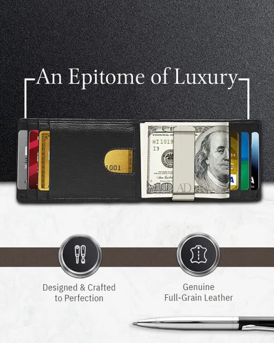 Vista 2 de Access Denied Billeteras de cuero real para hombres Billetera plegable con clip para dinero, bolsillo frontal RFID, delgada y minimalista