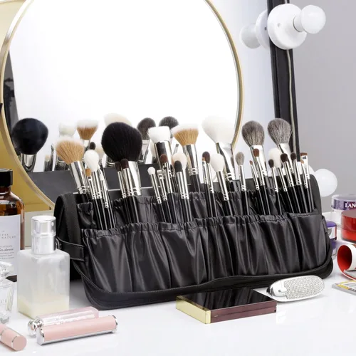 Vista 6 de Rownyeon - Bolsa organizadora de brochas de maquillaje profesional, estuche de cuero, bolso de mano negro portátil de viaje (solo bolsa)