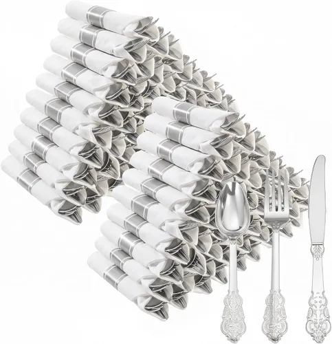 Vista 10 de Goodluck 100 Pack Pre Rolled Gold Plastic Silverware, Wrapped Cutlery