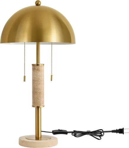 Vista 9 de KAISITE Juego de 2 lámparas de mesa modernas de 61 cm para sala de estar, lámpara de mesita de noche de metal dorado con travertino decorativo