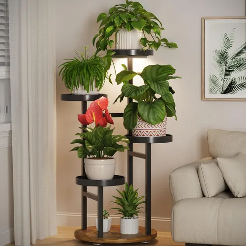Vista 31 de LASZOLA Soporte Negro de Madera de 5 Niveles para Plantas de Interior para Macetas Más Grandes de Servicio Pesado, Estantes Verticales Resistentes