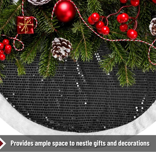 Vista 4 de Mr. Pen - Falda de árbol de Navidad de 48 pulgadas, lentejuelas negras brillantes con faldas de árbol de Navidad de piel sintética blanca Negro