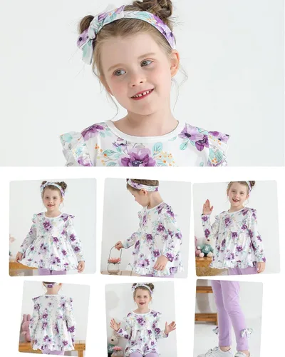 Vista 5 de Kucnuzki Baby Girl Clothes Toddler Girl Cute Outfit Long Sleeve Shirt Ruffle Top Pant Set Fall Winter Clothing For Girl