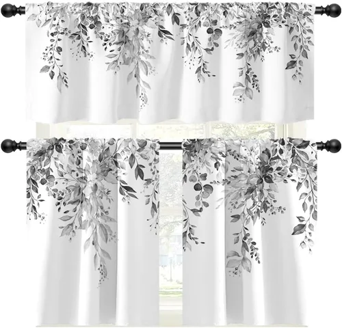 Vista 21 de Cortinas de cocina de estilo granja occidental con bolsillo para cortinero, pequeñas y cortas, estilo café rústico, cabaña, puerta de granero