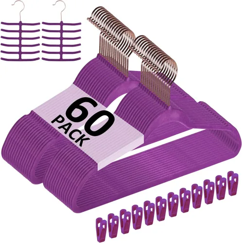 Vista 20 de VECELO Perchas de Terciopelo Premium para Ropa de Servicio Pesado (Paquete de 25) - Antideslizantes y que Ahorran Espacio con 6 Clips para Dedos