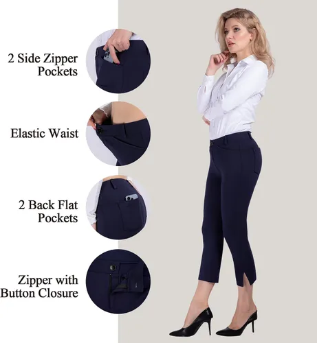 Vista 2 de PUWEER Pantalones capri para mujer, elegantes, casuales, elásticos, rectos con bolsillos