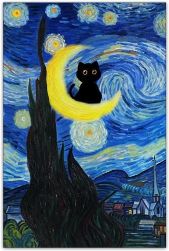 Vista 18 de CAXIYSH Arte de pared de gato negro Monet, póster de lirios acuáticos, vintage, divertido, floral, gato, lienzo, pinturas famosas, impresiones