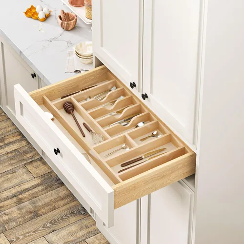 Vista 5 de Clikuutory Organizador de cajones de utensilios de madera de abedul natural con 12 compartimentos, bandeja divisora de cubiertos resistente que